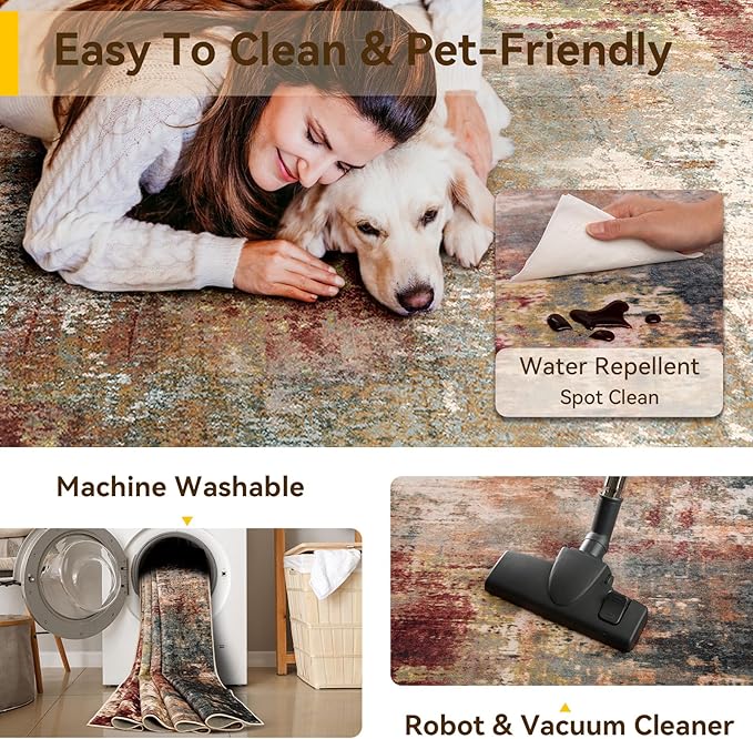 Washable Area Rugs 3x12 Non-Slip Modern Abstract Soft for Living Room Entryway Bedroom Nursery, Print Pattern, Brown Rust Red Green Blue Multi