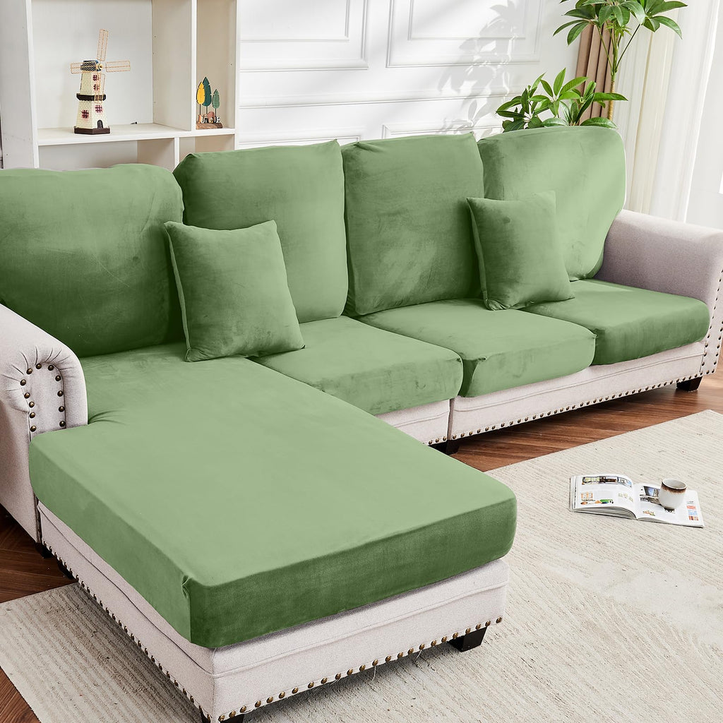 Taque Couch Cover 8-Piece Elastic Velvet Couch Cushion Covers & Chaise Slipcovers for L-Shaped Sofas, Sofa Seat Covers Washable, Soft Cover for Couches (7 Seater + Chaise, Avocado Green)