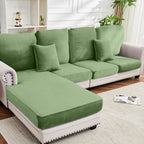 Taque Couch Cover 8-Piece Elastic Velvet Couch Cushion Covers & Chaise Slipcovers for L-Shaped Sofas, Sofa Seat Covers Washable, Soft Cover for Couches (7 Seater + Chaise, Avocado Green)