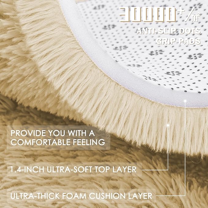 OLANLY Cream Round Rugs for Bedroom - Machine Washable, 9 ft Circle Area Rugs for Living Room, Soft and Fluffy Shaggy Carpet for Teen Girl and Boys, Nursery Rooms, Dorms, Home Decor Aesthetic