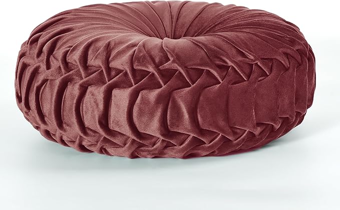 HIG Set of 2 Decorative Round Pleated Throw Pillows,Classy Accent Pumpkin Throw Pillows with Center Button,Vintage Velvet Floor Pillows for Sofa Vanity Chair Bed,Dusty Rose,14.5" Diameter(Ripple)
