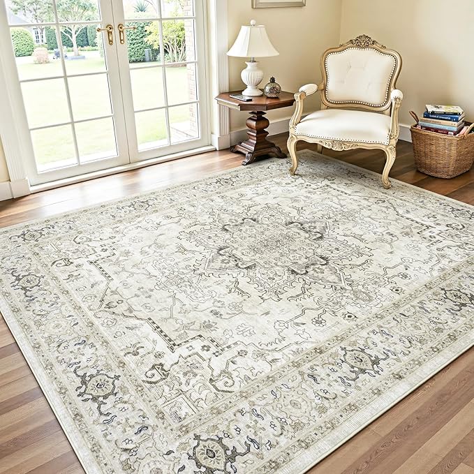 Lofus 6x9 Area Rugs for Living Room, Washable Area Rug, Rugs for Bedroom, Kitchen, Vintage Boho Carpet, Soft Non-Slip, Low Pile Large Area Rug for Office Dining Room, Beige and Brown