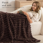 Exclusivo Mezcla Queen Size Flannel Fleece Blanket, Super Soft Striped Jacquard Bed Blanket, Lightweight Fuzzy Cozy for All Seasons, 90x90 Inches, Coffee