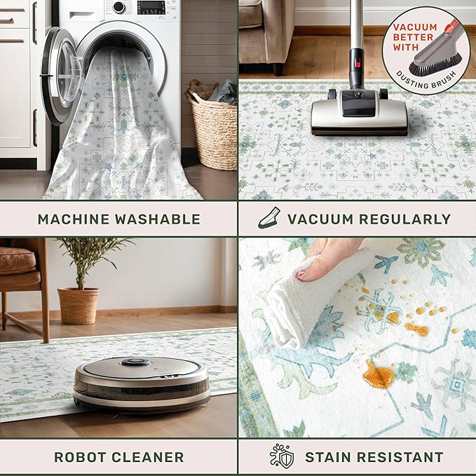 Hazo Haus Blue and Green Washable Rugs 3x6 - Vintage Boho Floral Pastel Cream, Washable Low Pile Non Slip Small Throw Accent Area Rug for Entry Way, Laudry Room, Kitchen, Bedroom Beside Bed Decor