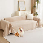 MYSKY HOME Couch Cover 3 Cushion Sofa With Tassel Chenille Slipcover for Sectional L Shaped Furniture, Dogs Protector, 71" X150", Khaki