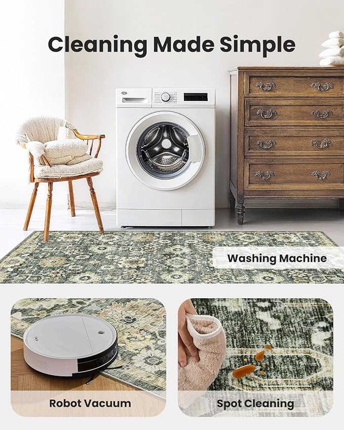 AMADA HOMEFURNISHING 6x9 Area Rugs, Blue Low-Profile Washable Rug with Non-Slip Backing & Durable Edge Binding, Vintage Rugs for Living Room, Bedroom, Dining Room