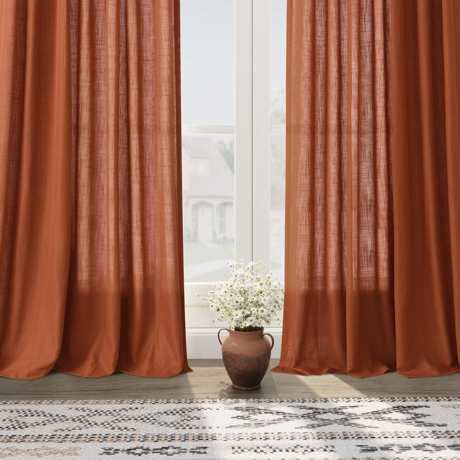Nanspring Extra Wide Linen Curtains for Living Room 90 Inches Long Terracotta Light Filtering Semi Sheer Boho Farmhouse Curtain for Bedroom Office Luxury Back Tab and Rod Pocket 100x90, 2 Panels