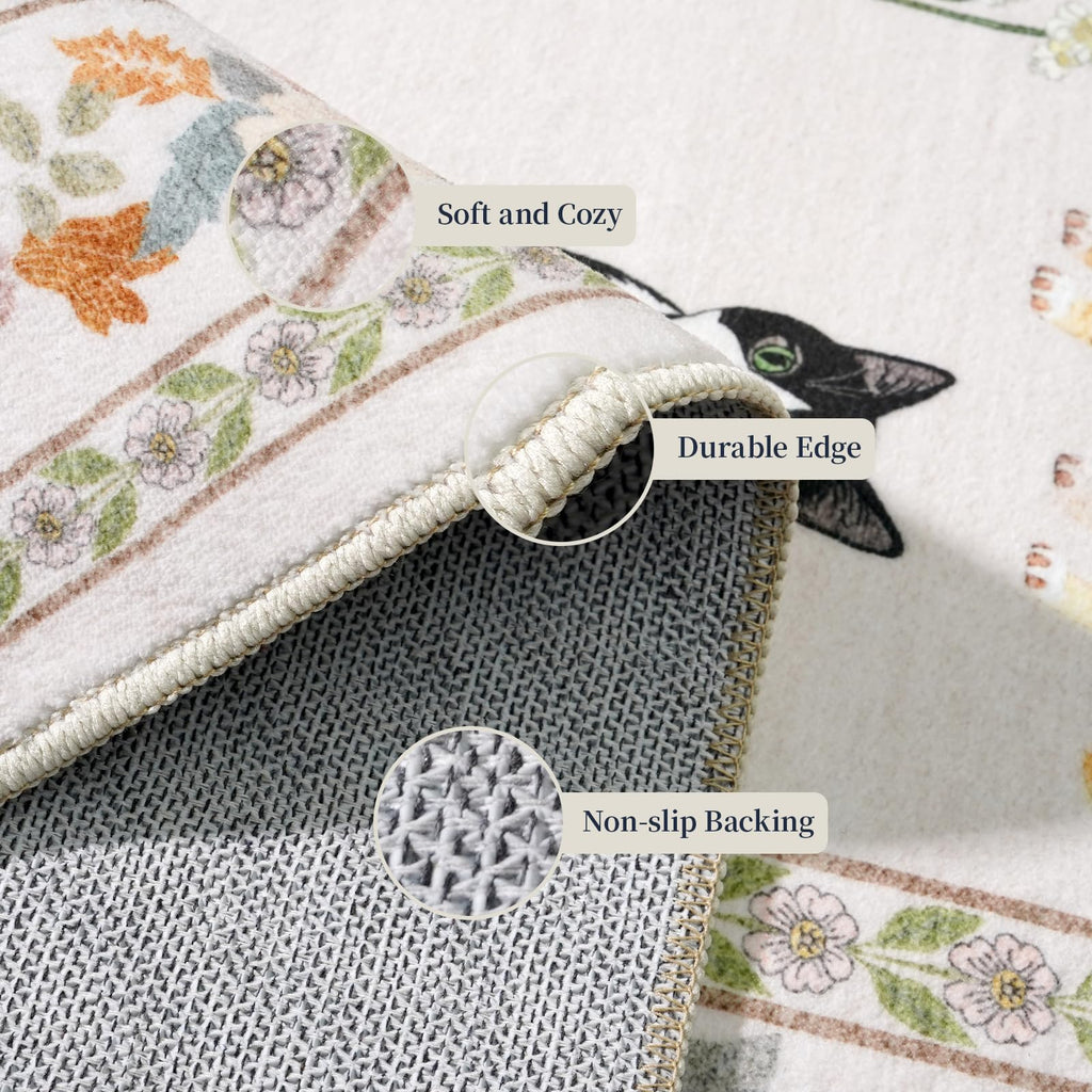 2x12 Washable Hallway Runner Rug: Long Floral Cat Print Soft Rug LightBeige