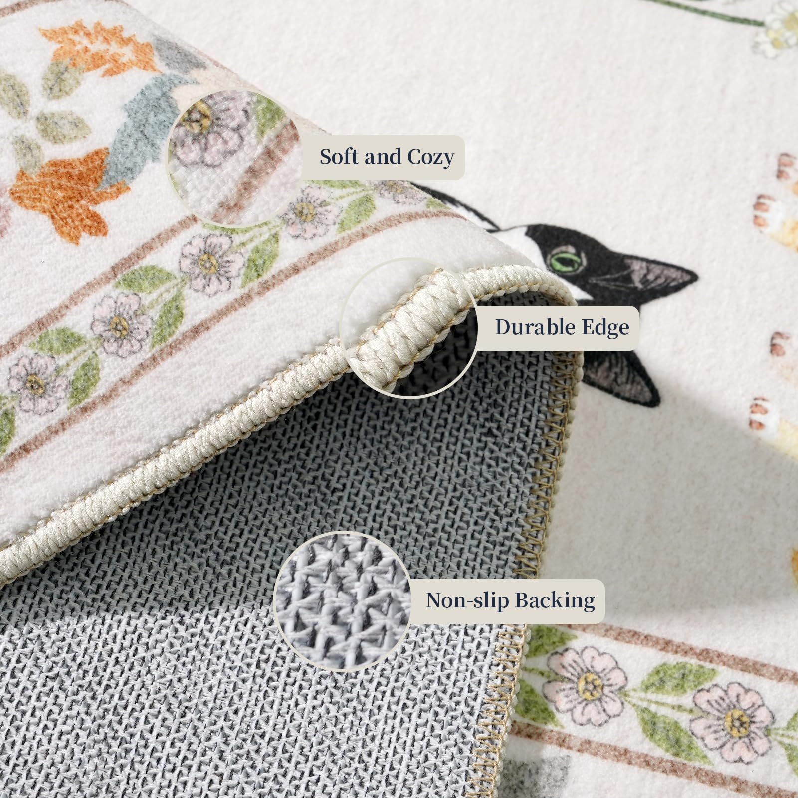 2x12 Washable Hallway Runner Rug: Long Floral Cat Print Soft Rug LightBeige