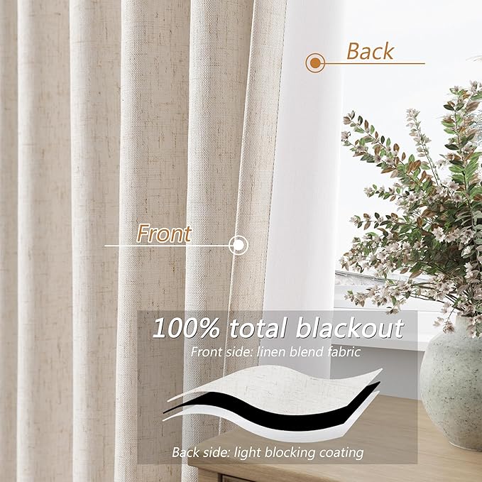 Guken 100% Blackout Linen Curtains 72 Inch Length 2 Panels Set for Living Room Bedroom Back Tab Thermal Insulated Black Out Drapes Room Darkening Farmhouse Style for Bedroom Window Curtains 52x72