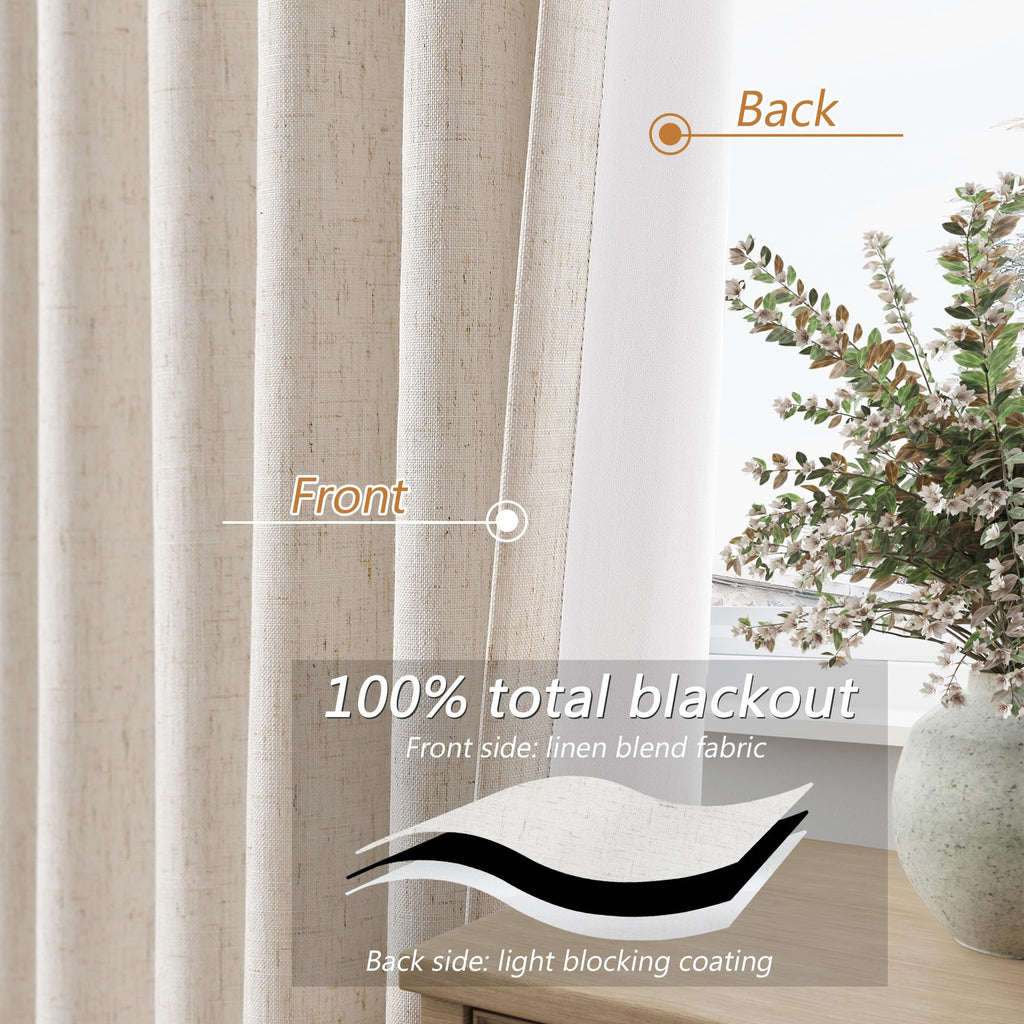 Guken 100% Blackout Linen Curtains 63 Inch Length 2 Panels Set for Living Room Bedroom Back Tab Thermal Insulated Black Out Drapes Room Darkening Farmhouse Style for Bedroom Window Curtains 52x63