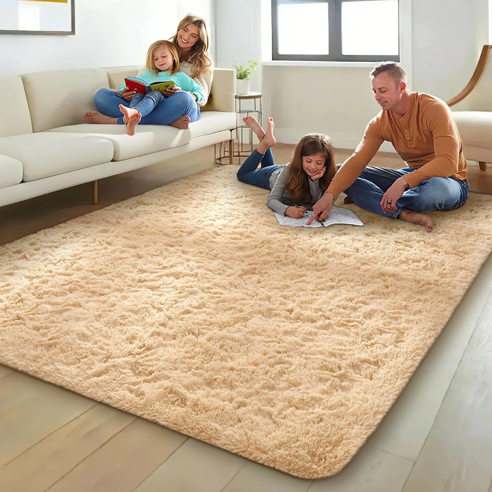 Ophanie Beige Rugs for Living Room Bedroom, 5x8 Fluffy Fuzzy Furry Carpet, Plush Soft Shaggy Bedside Indoor Floor Area Rug for Kids Nursery Home Decor with Over 999 pcs Non-Slip Backing Pattern