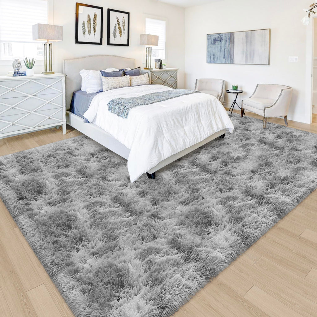 JiaoBaba Tie Dye Grey Soft Shaggy Fluffy Rug for Living Room 6x9ft Anti-Skid Durable Area Rug Mat Bedside Throw Rug for Bedroom Kids Room Boys Teens Nursery Dorm Office Home Decor Carpets