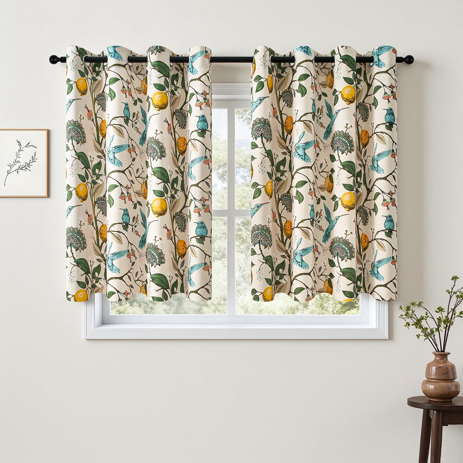 Topfinel Kitchen Curtains 45 Inch Length Beige Vintage Blackout Curtains for Cafe Kitchen Short Grommet Luxury Whimsical Floral Hummingbird Patterned 45 Inches Long for Living Room Bedroom