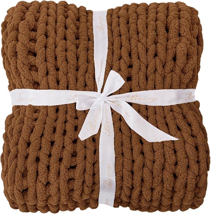 Bigacogo Chunky Knit Throw Blanket for Couch, 51x63 inches, Caramel