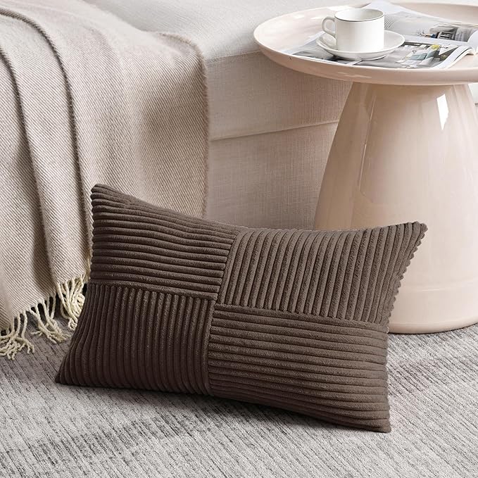 Fancy Homi 2 Packs Dark Brown Lumbar Decorative Throw Pillow Covers 16x26 Inch for Living Room Couch, Rustic Farmhouse Boho Home Decor, Soft Striped Corduroy Rectangle Accent Cushion Case 65x40 cm