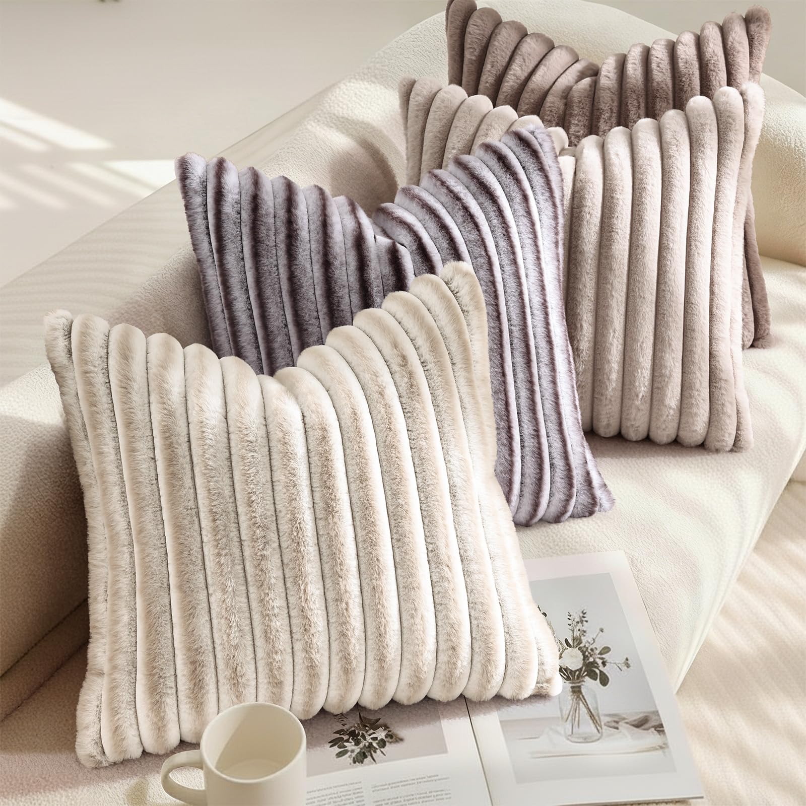 decorUhome Fall Faux Fur Throw Pillow Covers 18x18 Set of 2 Light Coffee