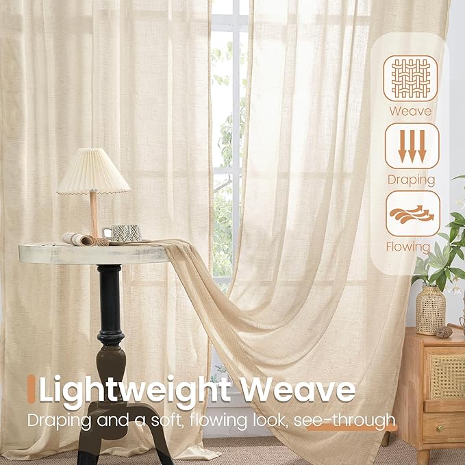 BGment Natural Tan Linen Curtains 80 Inches Long for Living Room - Light Filtering Window Drapes with Rod Pocket Semi Sheer for Farmhouse Bedroom Decor Rustic, 2 Panels, 52 Inch Wide Each Panel