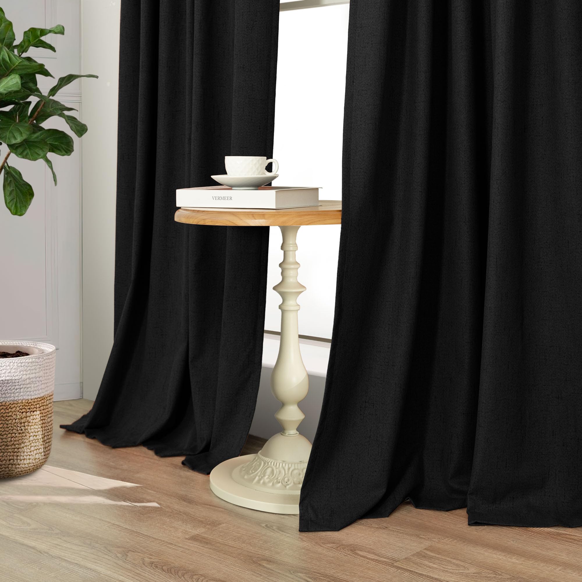 Black Curtains 84 Inches Long for Bedroom 2 Panel Set Linen Textured Total Blackout Thermal Insulated Darkening Dark Curtains Black Out Shades for Living Room Floor Length Window Drape Back Tab Pocket