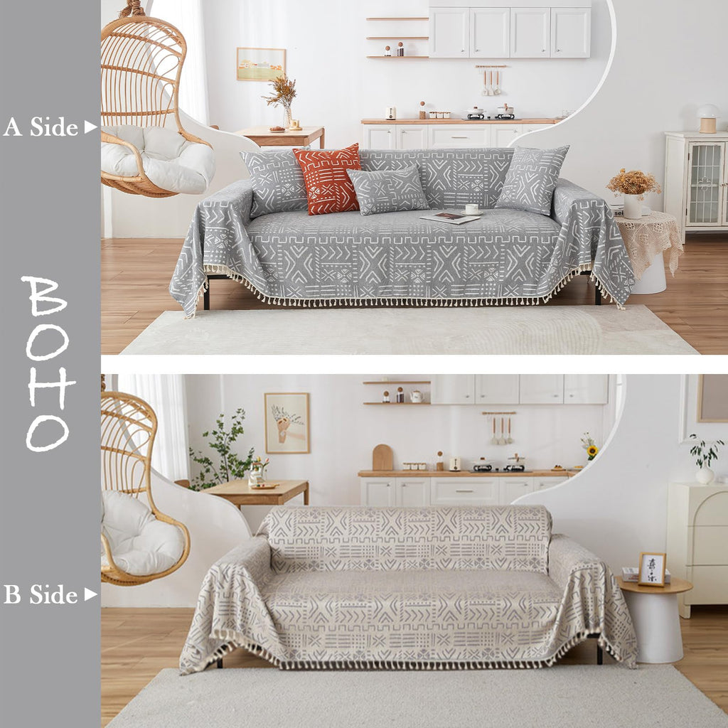 HANDONTIME Bohemian Grey and White Couch Cover for Dogs Aztec Tribal Sofa Covers for 3 Cushion Couch Aesthetic Tassel Couch Slipcover Sofa Seat Cover Universal Loverseat Cover Futon Cover, 71" X150"