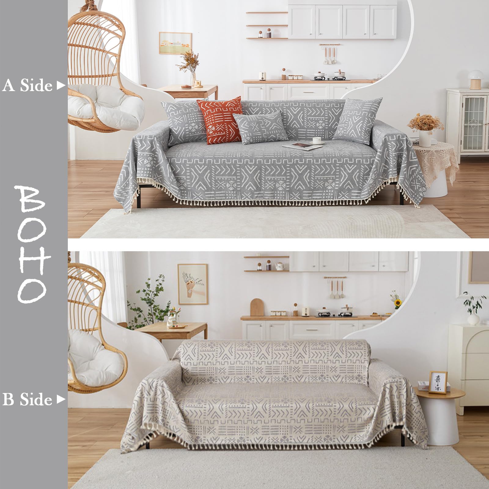 HANDONTIME Bohemian Grey and White Couch Cover for Dogs Aztec Tribal Sofa Covers for 3 Cushion Couch Aesthetic Tassel Couch Slipcover Sofa Seat Cover Universal Loverseat Cover Futon Cover, 71" X150"