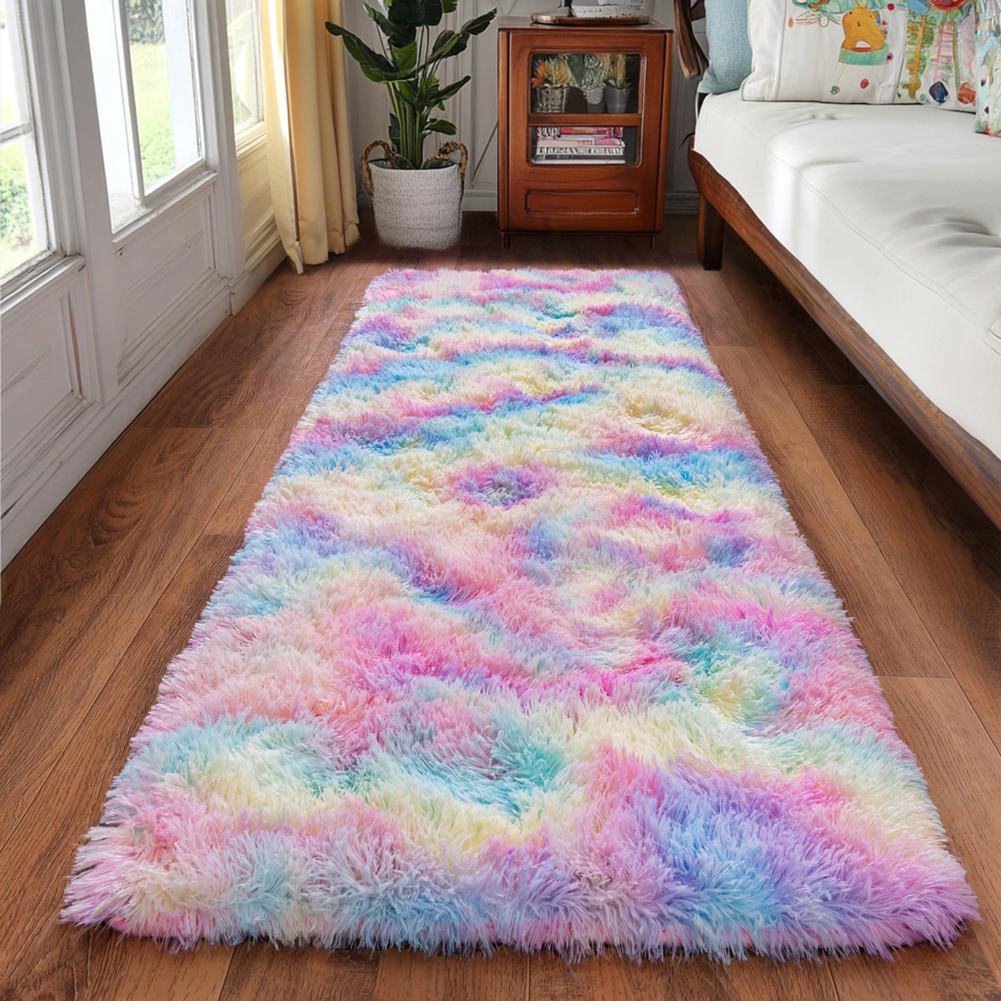 Quntue Rainbow Runner Rugs for Bedroom, 2x6 Rug Runners for Cute Girls Room, Bedside Indoor Floor Fluffy Shag Carpet, Plush Soft Rug for Nursery Dorm Kids Home Decor