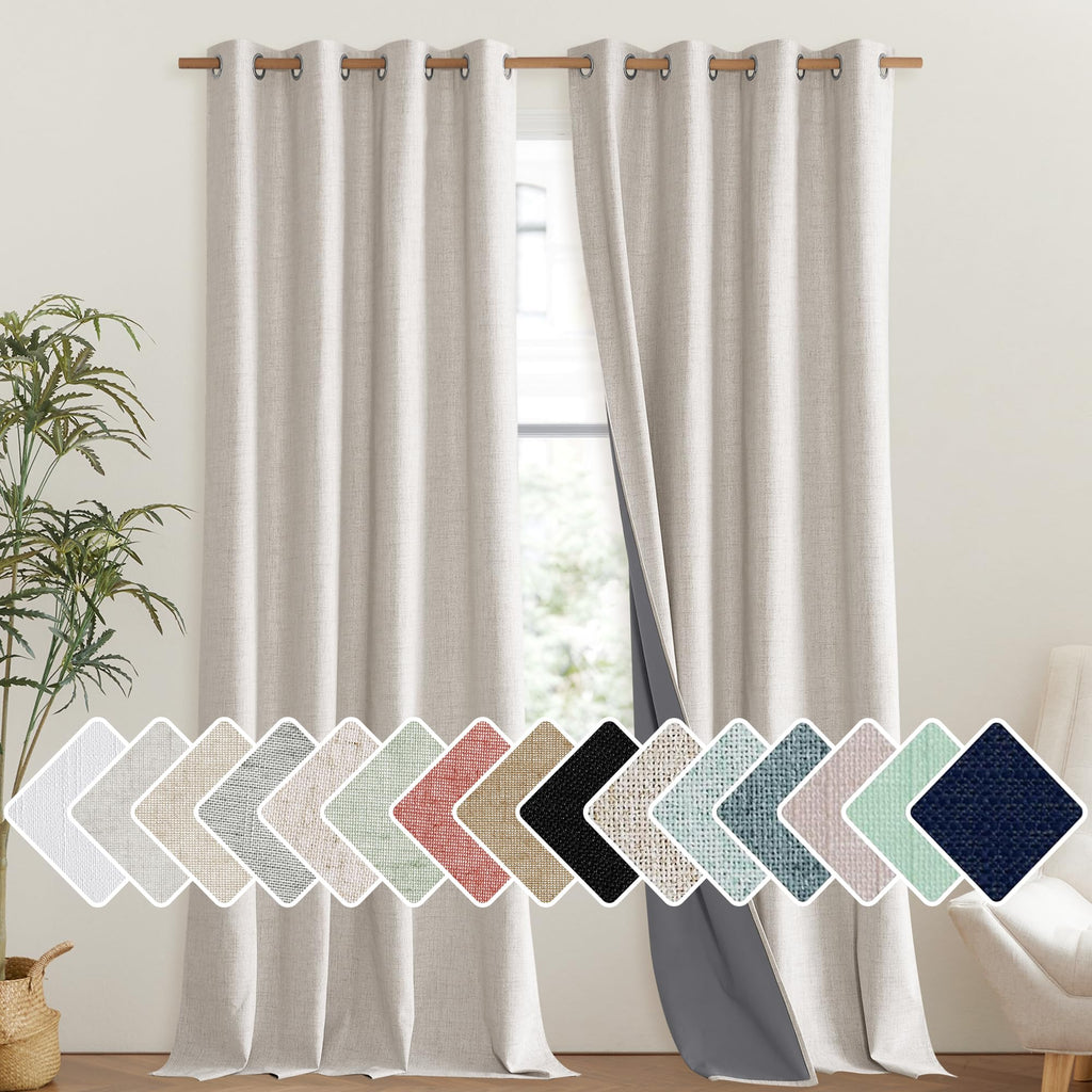 NICETOWN Brich Vintage Open Linen Weave Flax Thermal Curtains, 100% Blackout Curtains 108" Long for Dining Room, Soundproof Window Treatment Drapes for Hall Room, 52" Wide Per Panel, Set of 2