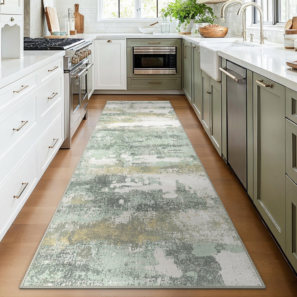BEIMO 3x8 Green Abstract Runner Rug, Washable Non-Slip for Hallway