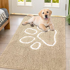 Smiry Dog Door Mat for Muddy Paws, Absorbent Dirt Trapper Non Slip Quick Dry Washable Chenille Mat for Mud Dogs, Entry Rug for Indoor and Outdoor (44x32 Inches, Beige and White)