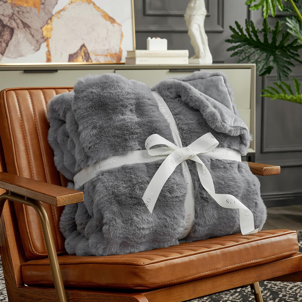 Cozy Bliss Faux Fur Throw Blanket for Couch, Fuzzy Soft Plush Thick Bubble Blanket for Sofa Bedroom Living Room, 60 * 80 Inches Light Grey
