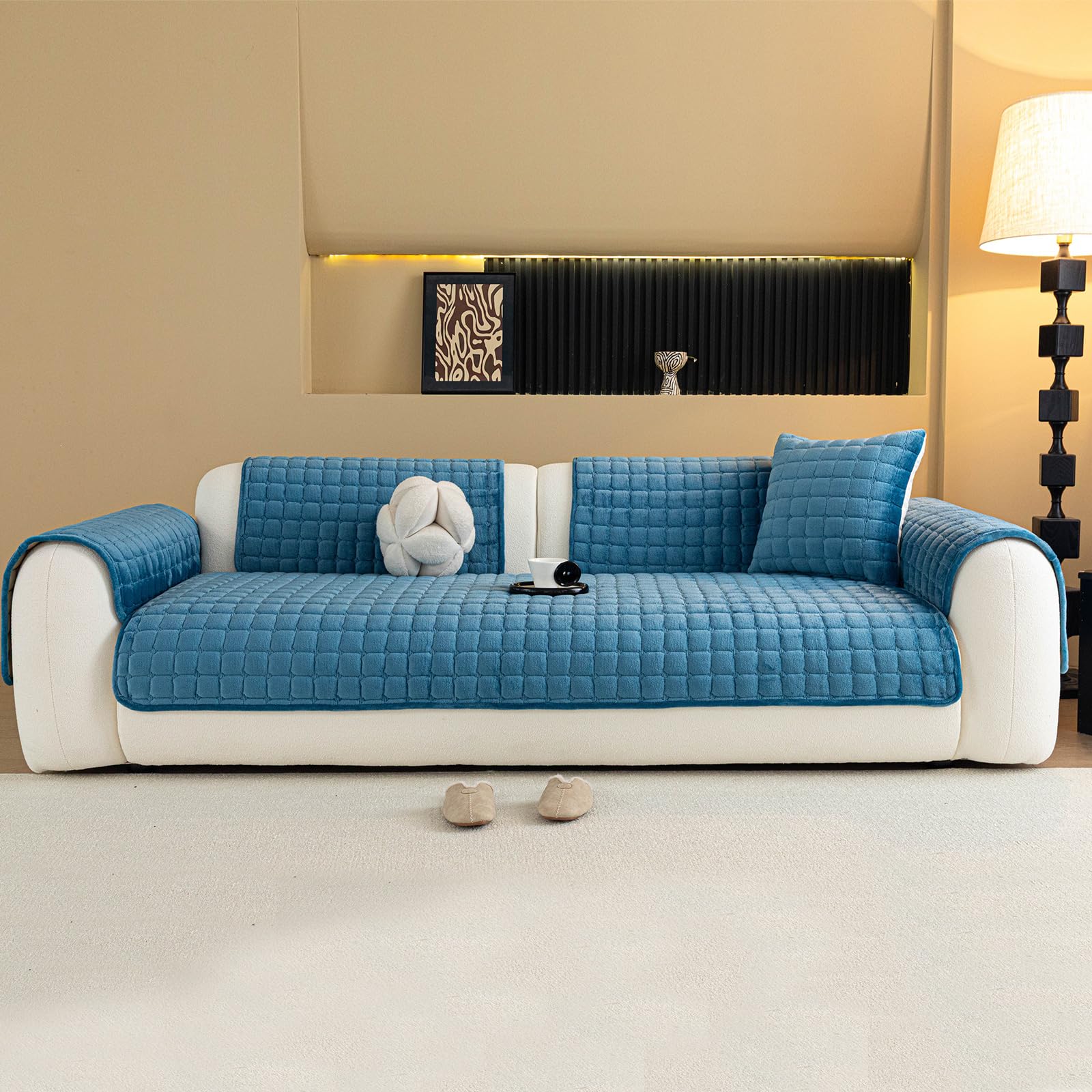 MDSASFD Velvet Couch Cover, Plush Sectional Sofa Cover Washable, Anti Slip Sofa Slipcover for Armrest & Backrest, Furniture Protector Covers for Pets & Kids(1PC, Blue, 35.4"×35.4", Single Seater)