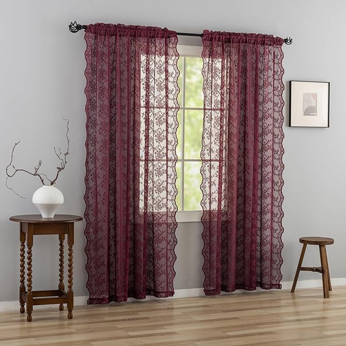 YJ YANJUN Vintage Lace Curtains 84 Inches Long- Elegant Floral Maroon Sheer Curtains Timeless Christmas Burgundy Drapes for Living Room Bedroom Privacy 7 FT 52W x 84L (Set of 2) Deep Merlot