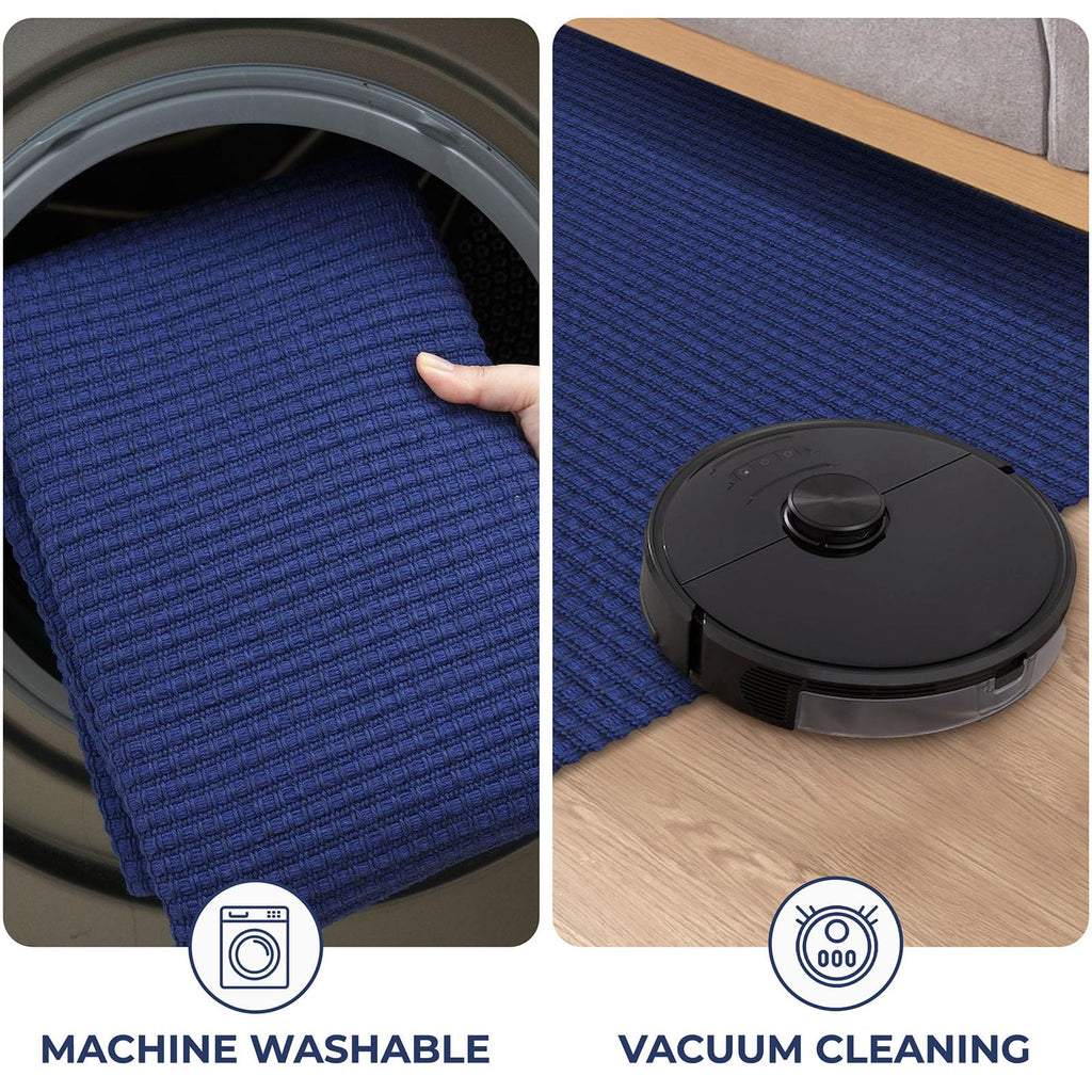 KOZYFLY Long Runners for Hallways 2.6x12 ft Washable Kitchen Runner Non Slip Rubber Backed Hallway Rugs Cotton Entryway Runner Rug Floor Carpet for Indoor Hall, Backdoor, Kitchen, Royal Blue/Navy