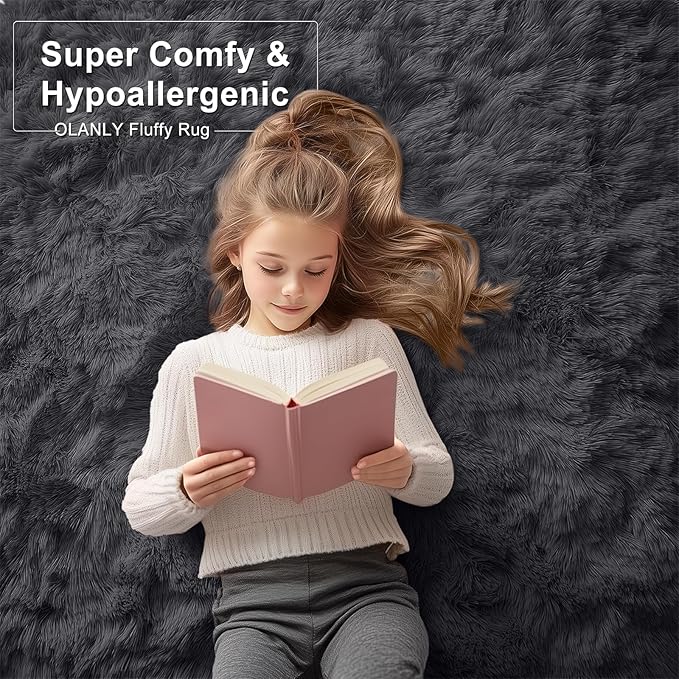 OLANLY 2x11 Machine Washable Runner Rugs for Hallway, Soft Fluffy Shaggy Bedside Rugs for Bedroom, Living Room, Indoor Floor Carpet for Kids Girls and Boys, Nursery Rooms, Home Decor Aesthetic, Black