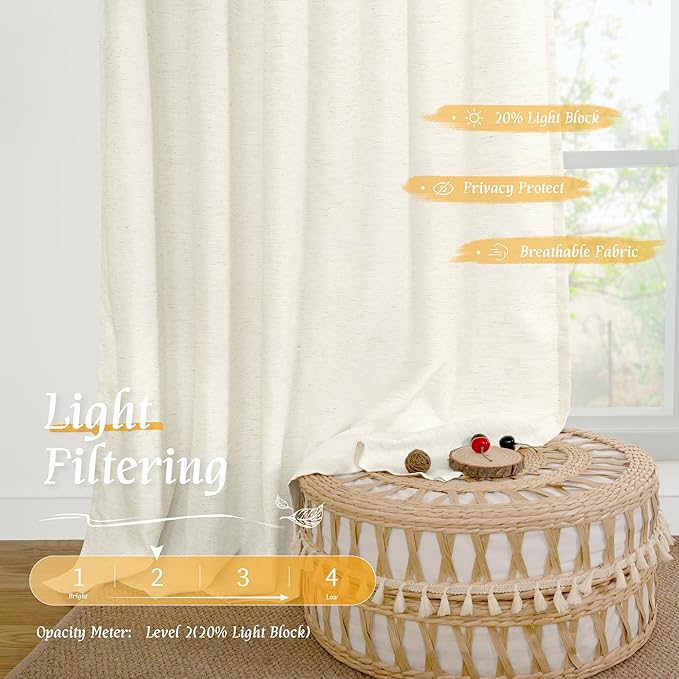 LAMIT Light Filtering Natural Linen Curtains 63 Inch Length for Living Room