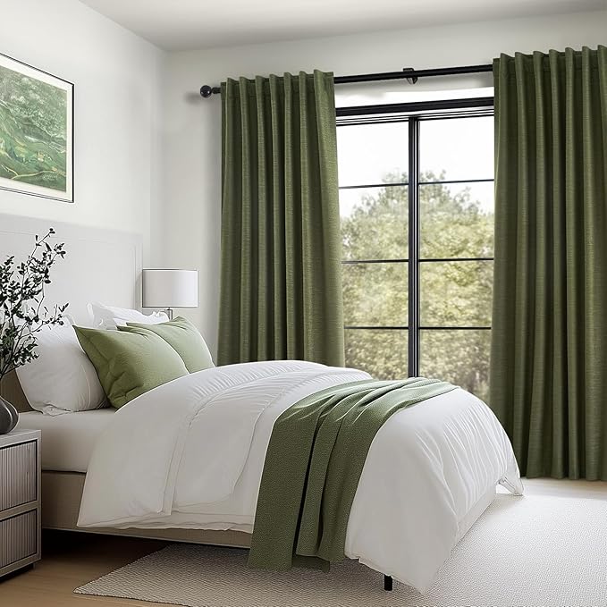 Topfinel Olive Green 63 Inch Long Linen Blackout Curtains 2 Panels Set Thermal Insulated Heat Blocking Curtain for 62-64 Inch Window Vintage Drapes for Bedroom Hooks&Rings&Back Tab (52W x 63L)