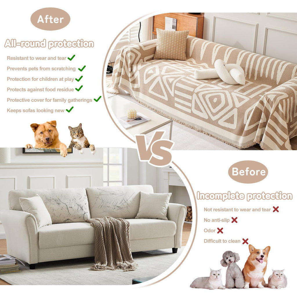 HANDONTIME Sofa Covers for Sectional Sofa Set Boho Couch Cover for Dogs Khaki Throw Couch Cover with Tassel Loveseat Covers Futon Cover L Shaped Cover Washable Chenille Couch Protector, 71" X118"