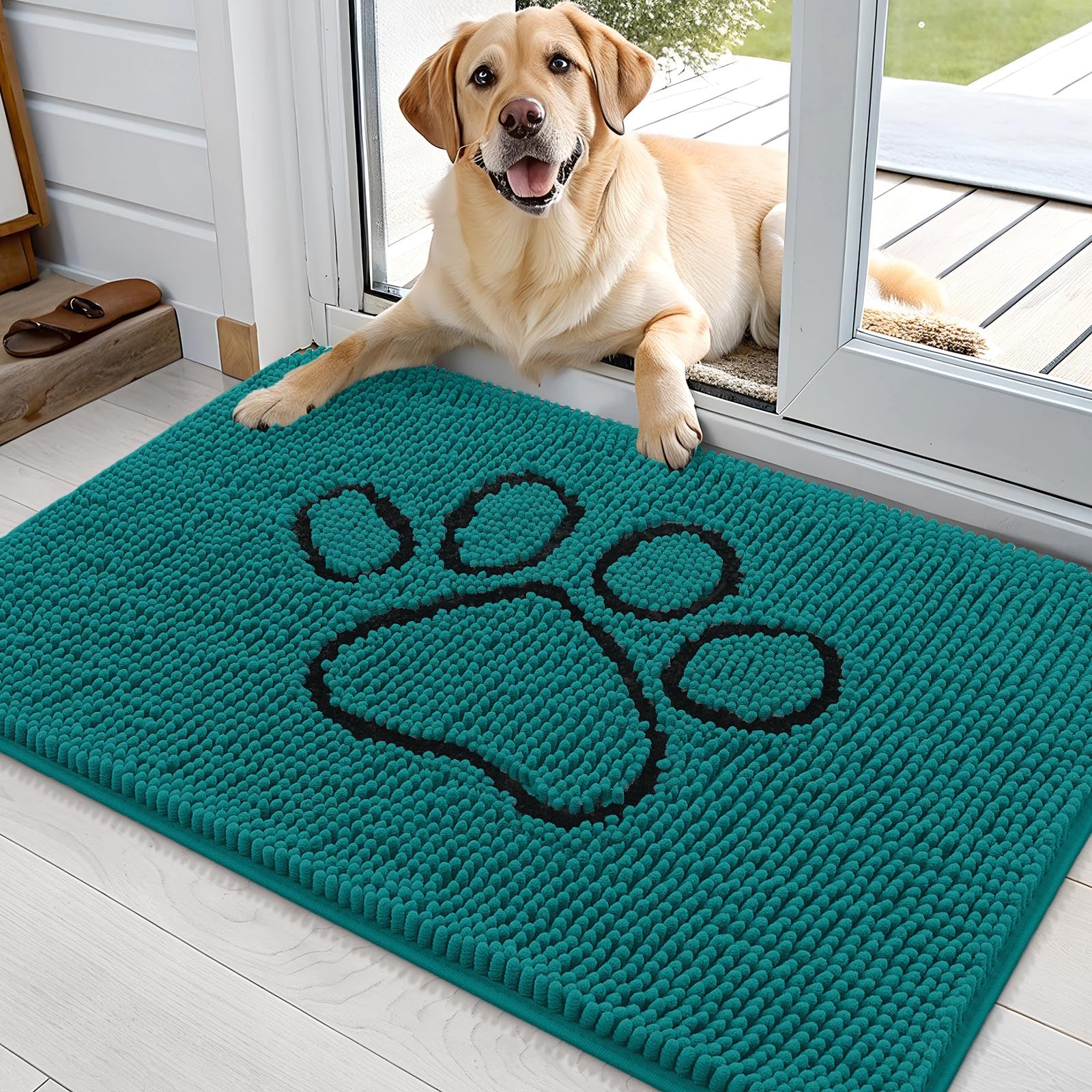 OLANLY Dog Door Mat for Muddy Paws 36x24, Paw Print Design Chenille Mud Mat