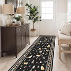 2'6"x8' Washable Kitchen Runner Rug - Soft Low Pile Floral Animal Cat Print Rugs with Non-Slip Backing Waterproof Stain-Resistant Indoor Carpet for Hallway Entryway Bathroom Bedroom (Black)