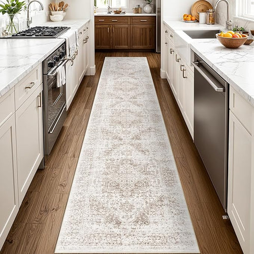 2'6"x12 Washable Runner Rug: Vintage Non-Slip Rug for Kitchen IvoryBeige