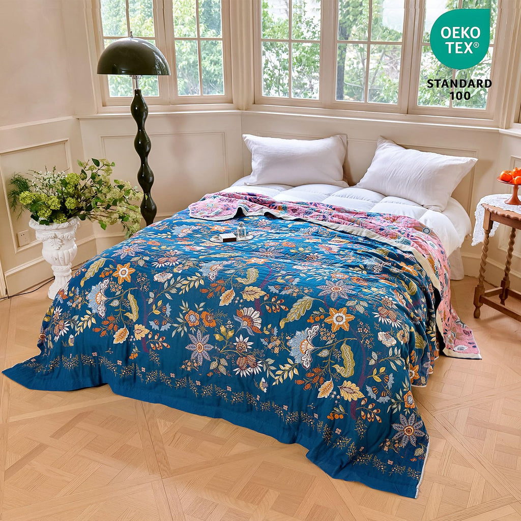 MSGKV Boho Throw Blanket 50"x60" Summer Cotton Blue Floral Throw for Couch