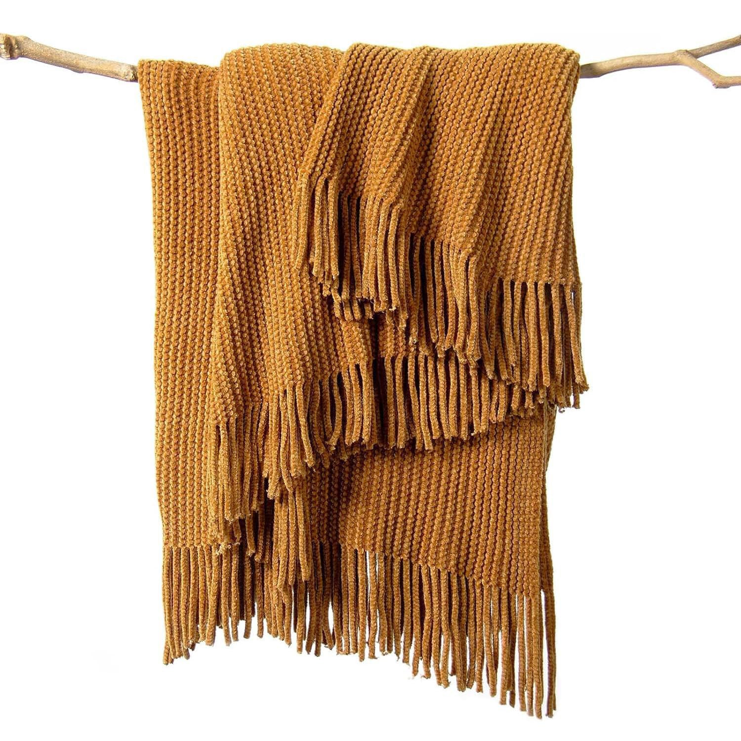 lifein Throw Blanket for Couch, Soft Boho Decor Bed Throw,Cozy Brown Knitted Chenille Small Knit Farmhouse Lightweight Throw (Golden Brown,50 * 60")
