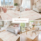 Srugn Washable Rugs 8x10 Area Rugs for Living Room,Rugs for Bedroom,Large Carpets,Ultra Soft Faux Wool Retro Dining Room Rug,Non Slip&Non-Shedding Low Pile Vintage Print Rug for Home Office-Pink White