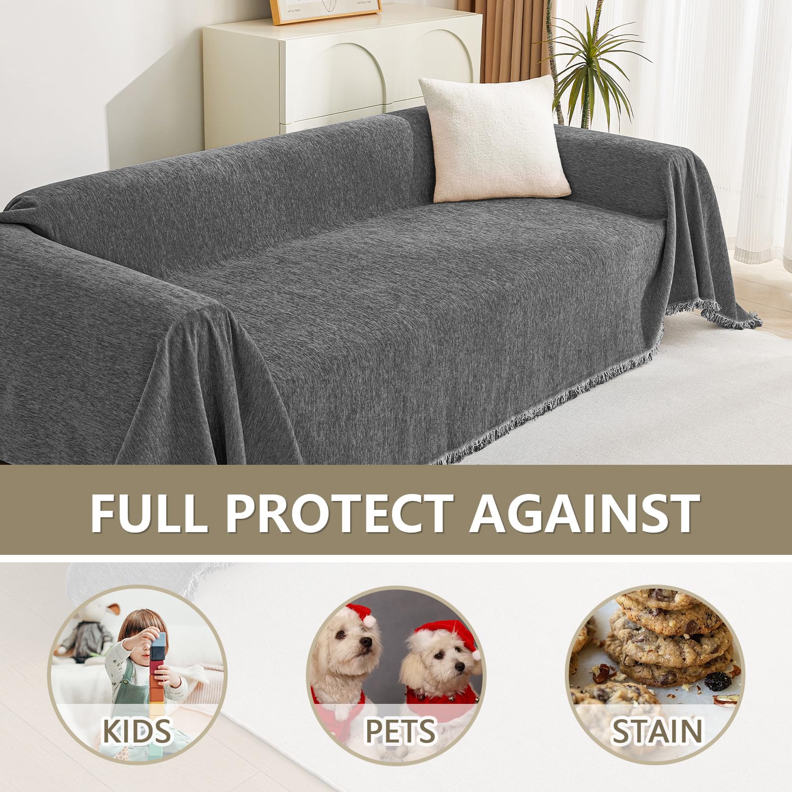 MYSKY HOME Boho Couch Cover Charcoal Gray Sofa Covers with Tassel Farmhouse Sofa Slipcover Simple Couch Protector for Dogs Chenille Sectional Couch Covers L Shaped Couch Cushion Covers, 91"x 134"