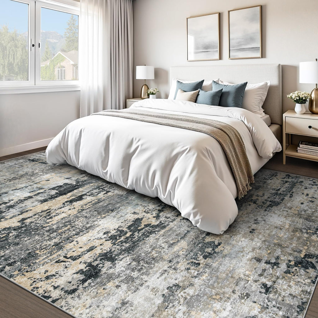pmtsns Area Rugs 8x10 for Living Room: Washable Rug Modern Abstract Neutral Soft Non-Slip Low-Pile Indoor Large Carpet for Bedroom Dining Room Playroom Home Office (Black Grey Brown, 8'x10')