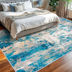 KOZYFLY Modern Abstract Area Rugs 8x10 Turquoise/Beige/Grey/Yellow Machine Washable Thin Rug for Bedroom Non-Slip Living Room Rug, Faux Wool Soft Low Pile Carpet for Dining Room, Bedroom, Bathroom