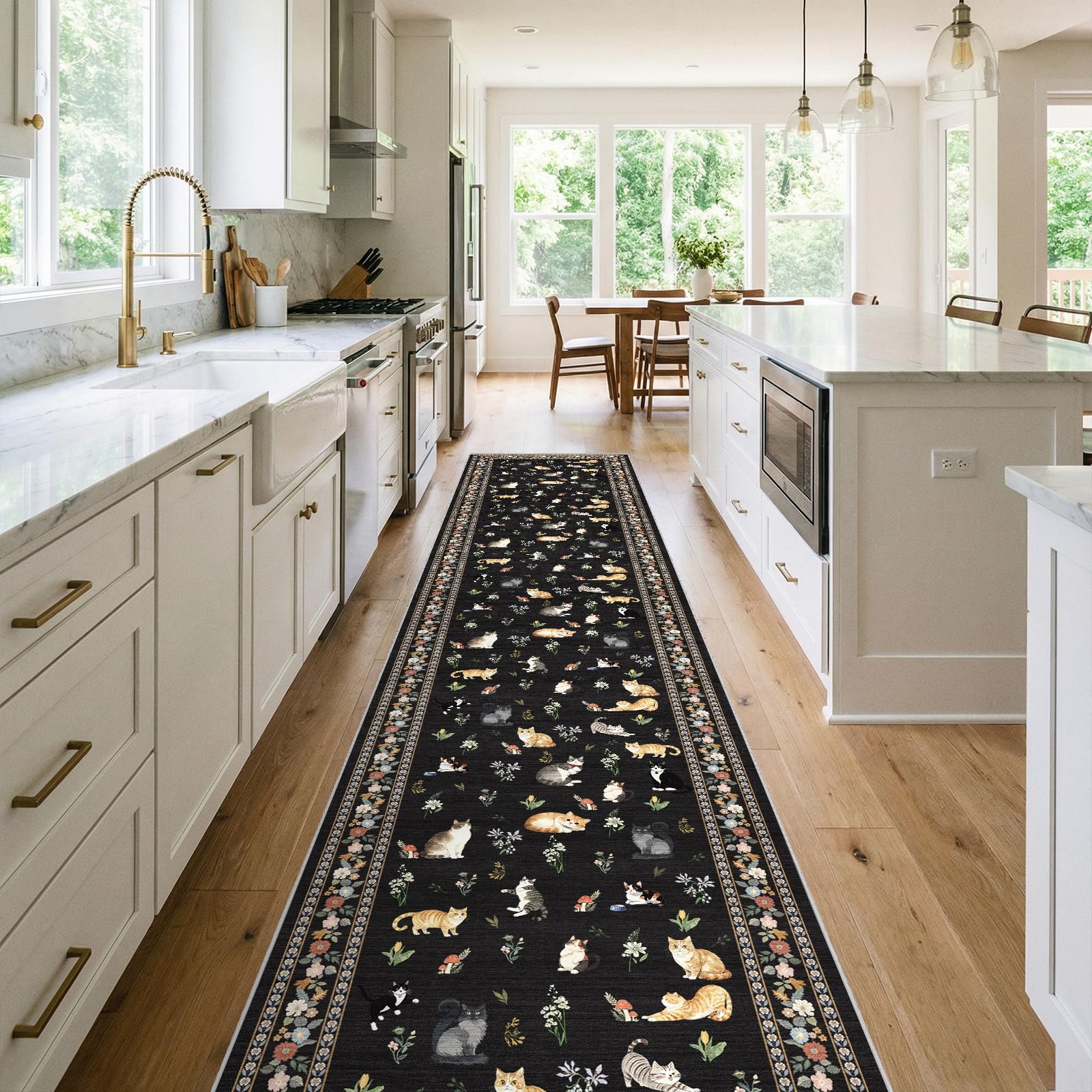 2x12 Washable Hallway Runner Rug: Long Floral Cat Print Soft Rug Black