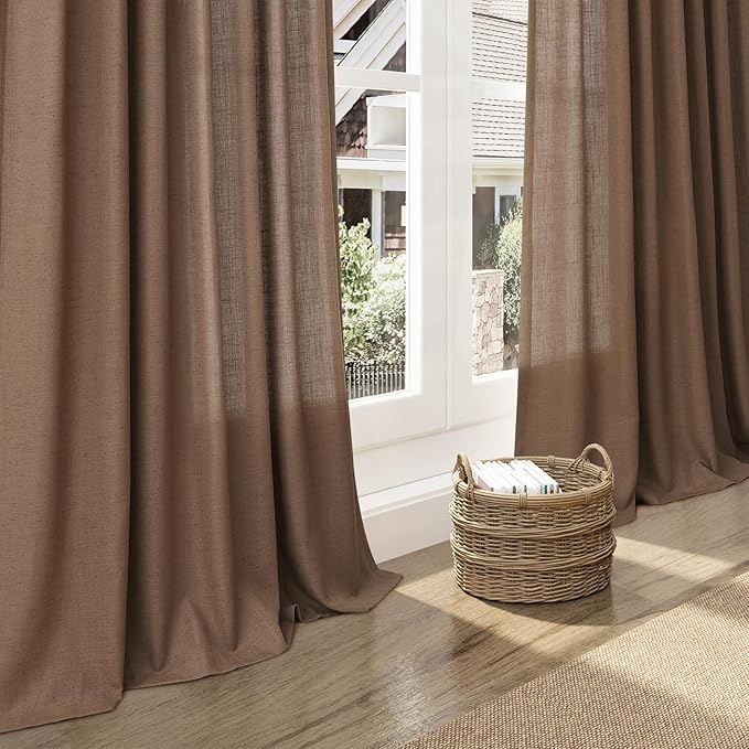 Extra Long Caramel Brown Linen Curtain 108 Inches Long 2 Panels Set Back Tab Linen Drapes for Living Room Modern Farmhouse Light Filtering Semi Sheer Curtains 108 Inch Length for Big Window 52x108