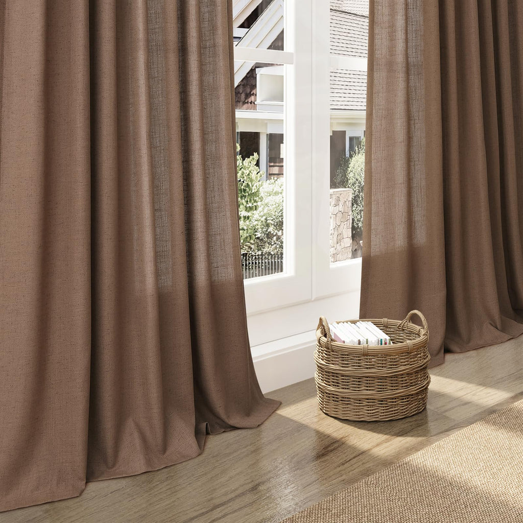 Nanspring Extra Long Caramel Brown Linen Curtains 2 Panels 102 Inches Long for Dinning Room Back Tab Light Filtering Semi Sheer Drapes Cotton Linen Textured Window Curtain 102 Inch Length for Bedroom