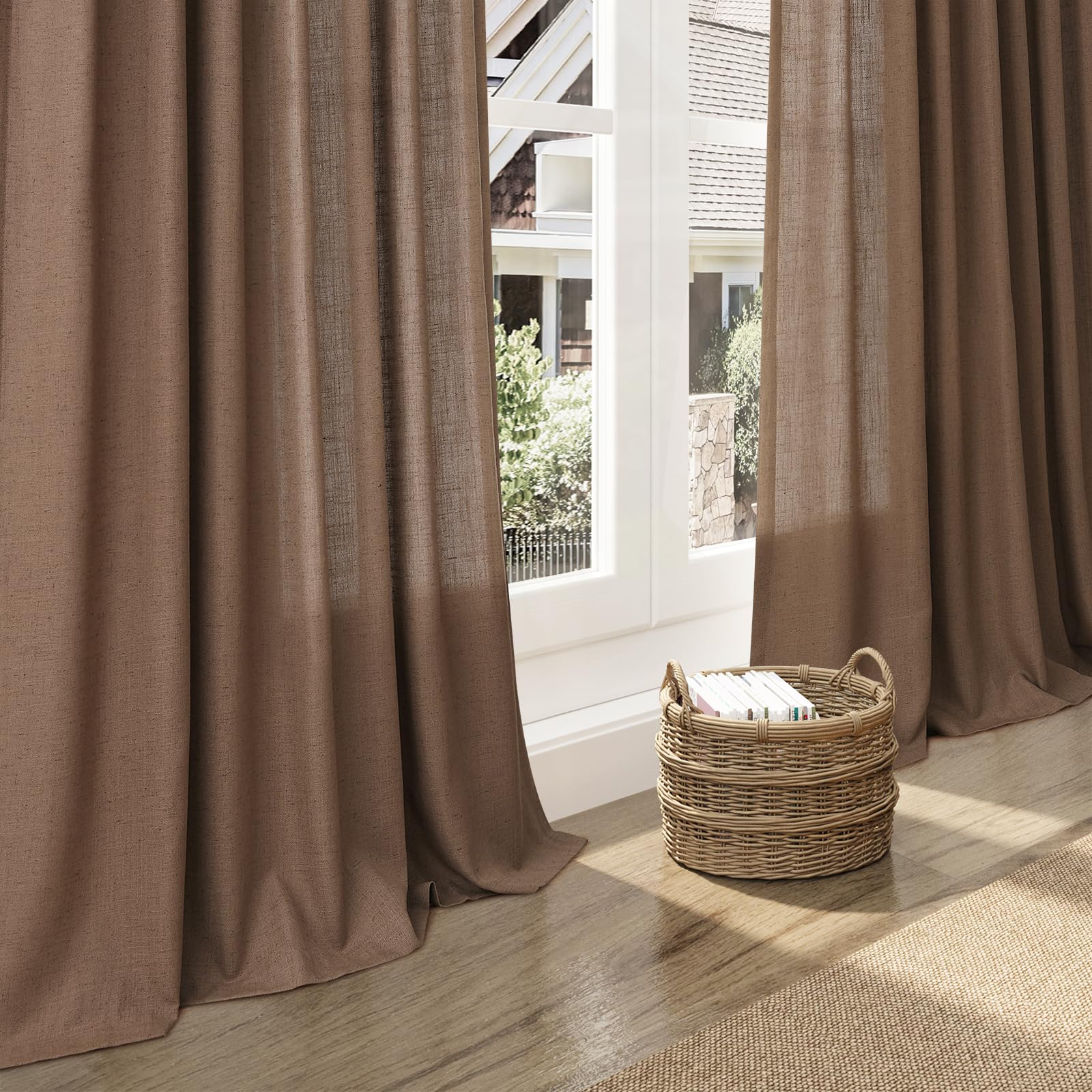 Nanspring Extra Long Caramel Brown Linen Curtains 2 Panels 102 Inches Long for Dinning Room Back Tab Light Filtering Semi Sheer Drapes Cotton Linen Textured Window Curtain 102 Inch Length for Bedroom